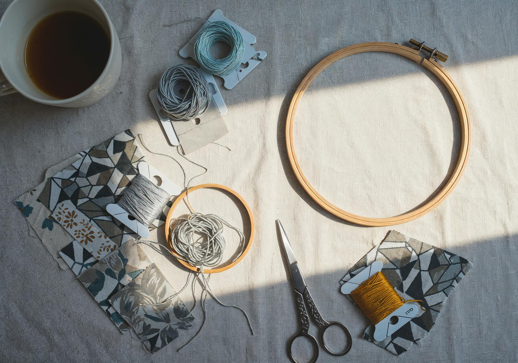 Studio desk with hoops, threads and sketches